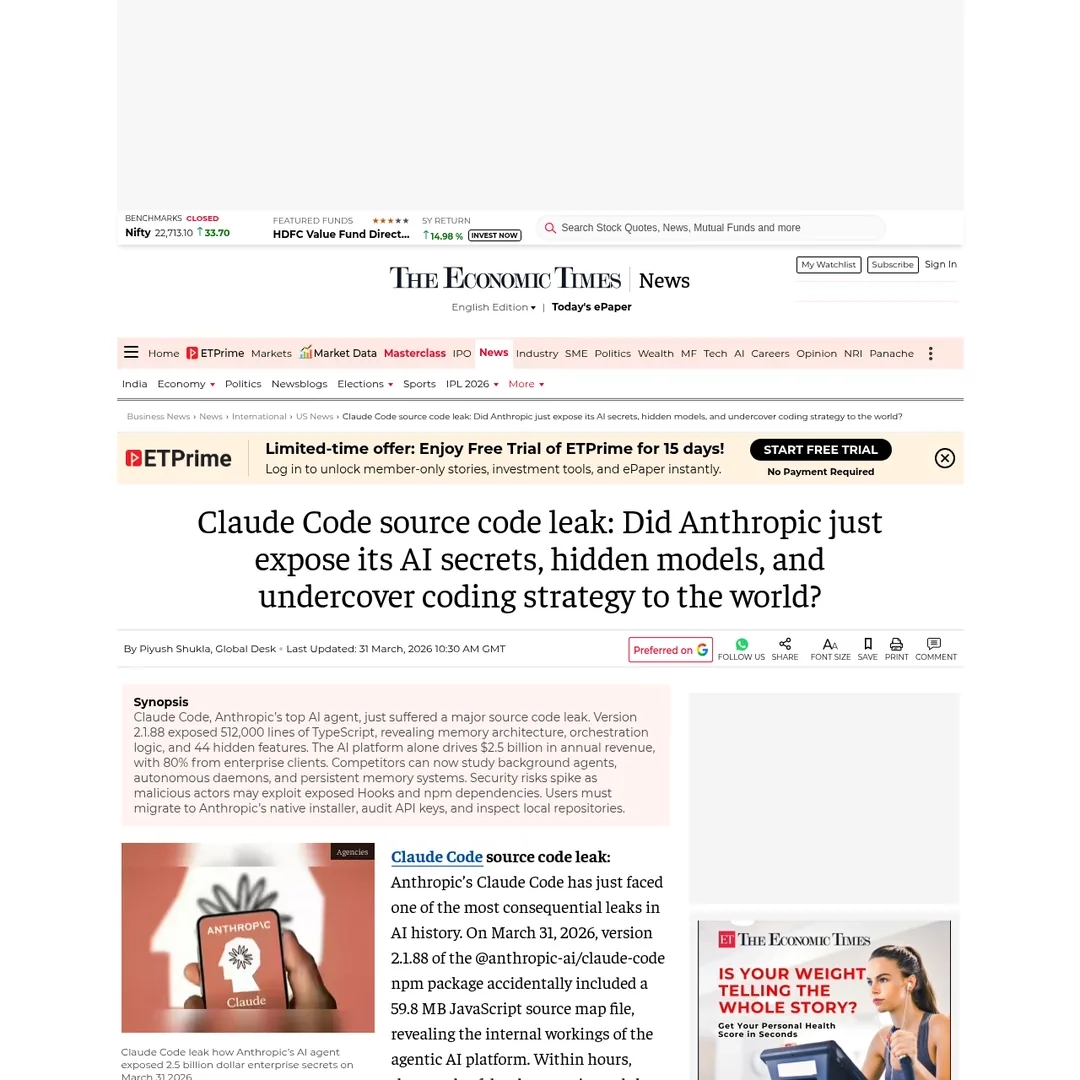 Economic Times article about Claude Code source code leak exposing Anthropic AI secrets