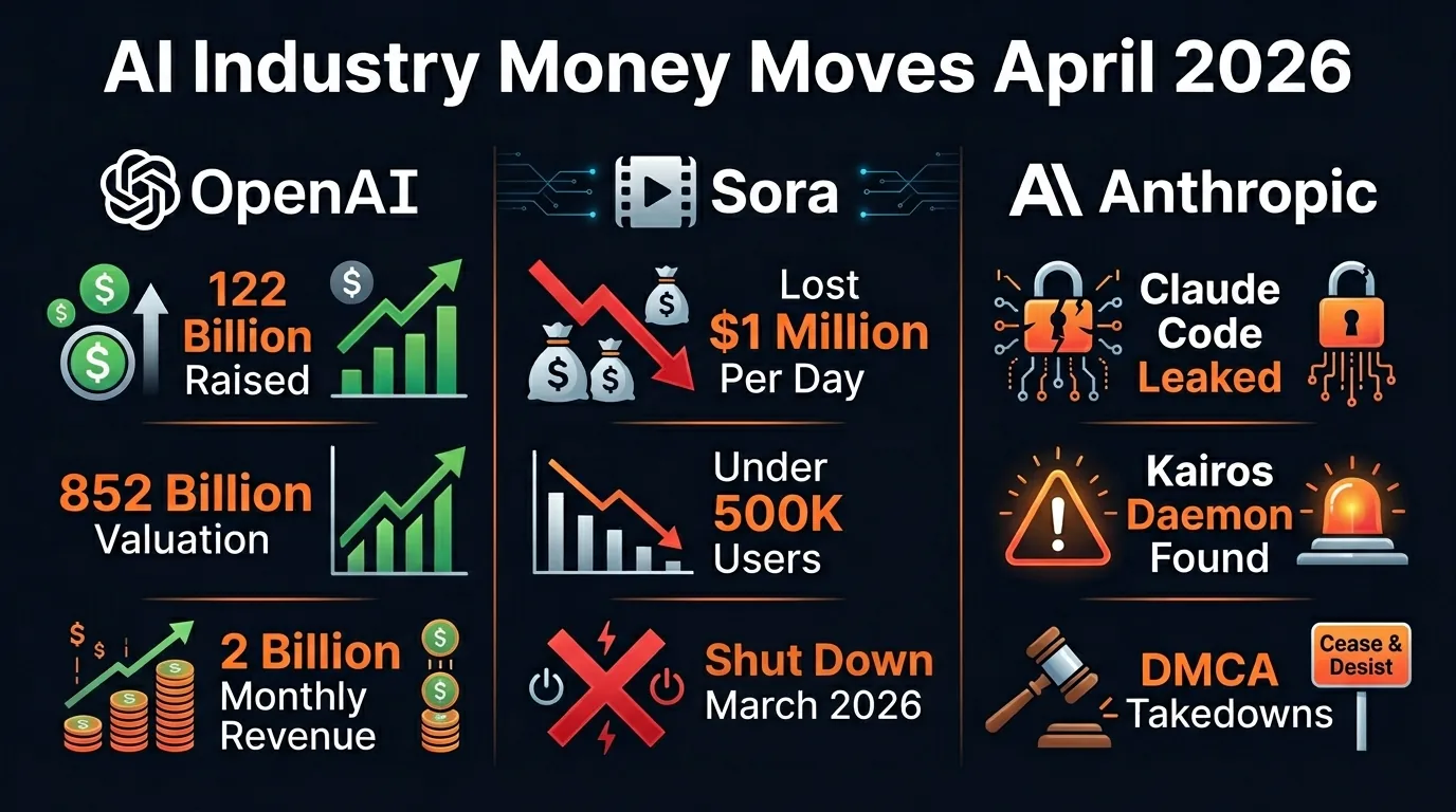 AI industry money moves infographic showing OpenAI 122 billion raise, Sora losing 1 million per day, and Anthropic Claude Code leak