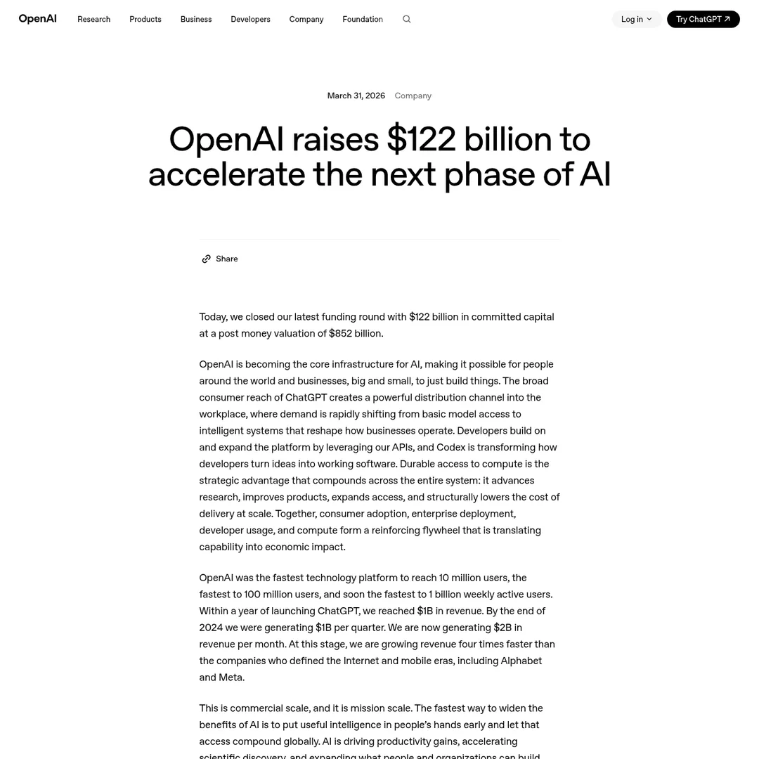 OpenAI blog post announcing 122 billion dollar funding round to accelerate next phase of AI