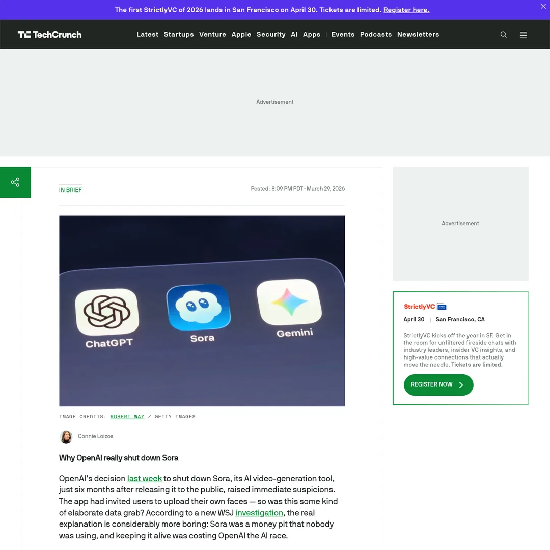 TechCrunch article explaining why OpenAI really shut down Sora video generation tool