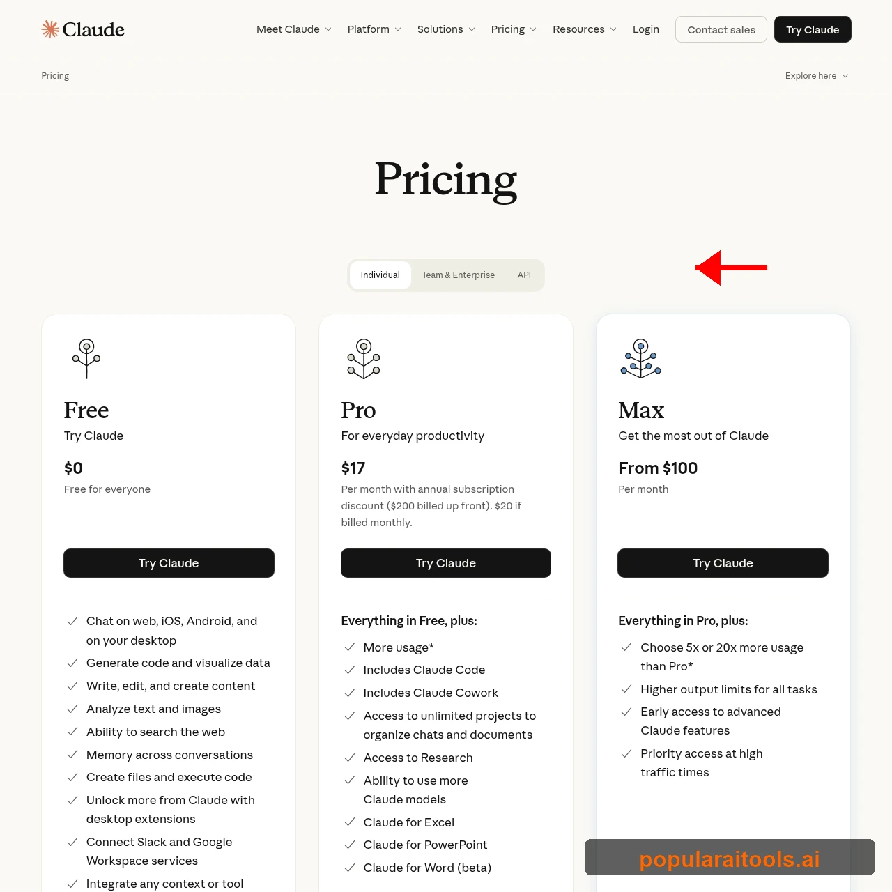 Anthropic Claude pricing page showing Pro and Max tiers