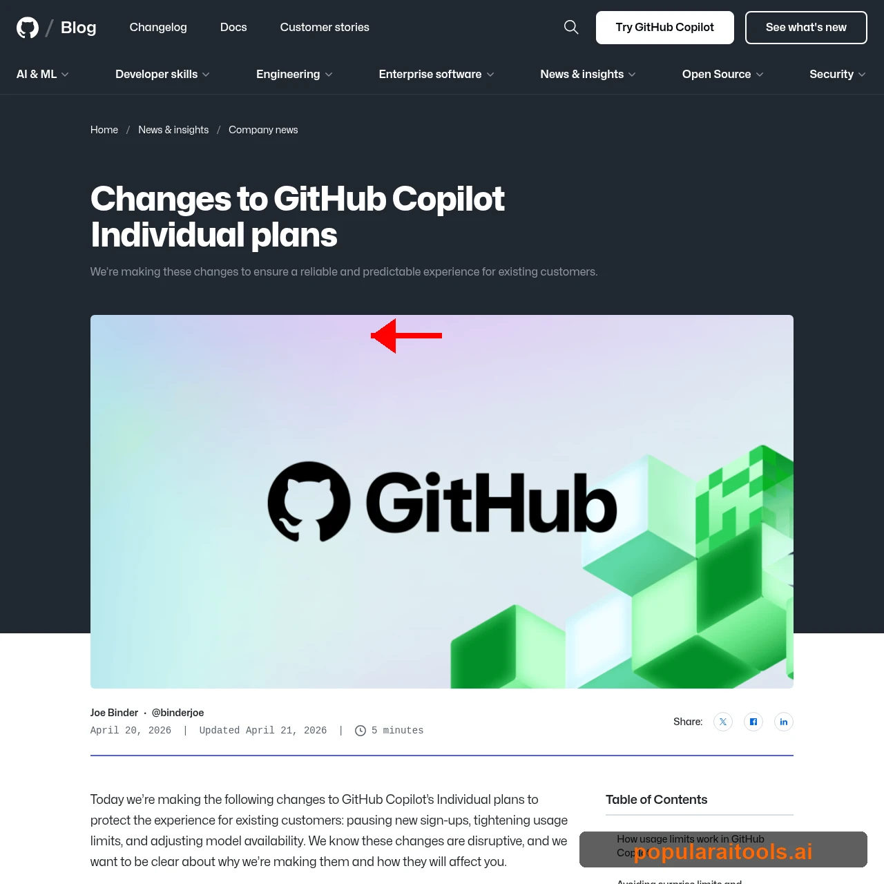 GitHub blog post announcing changes to Copilot individual plans