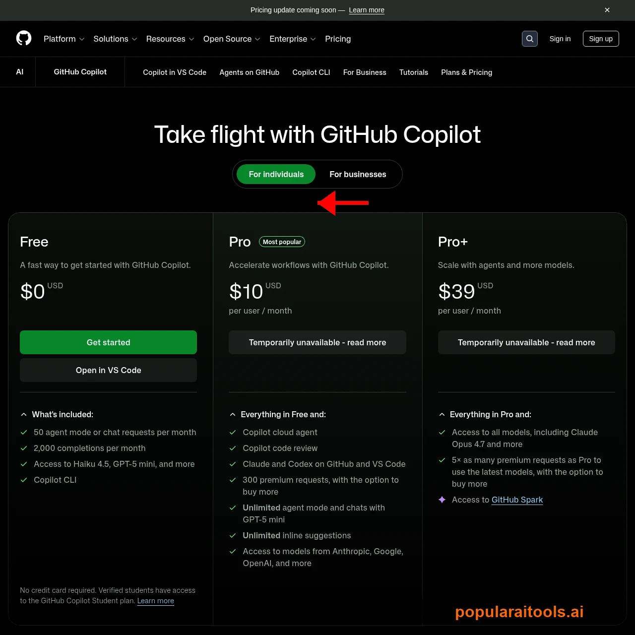 GitHub Copilot pricing page showing Pro and Pro+ plans