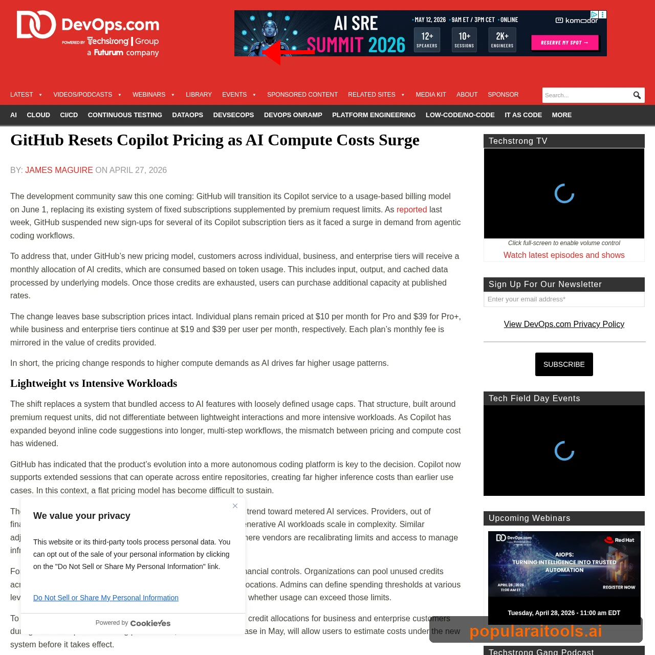 DevOps.com article on GitHub resetting Copilot pricing