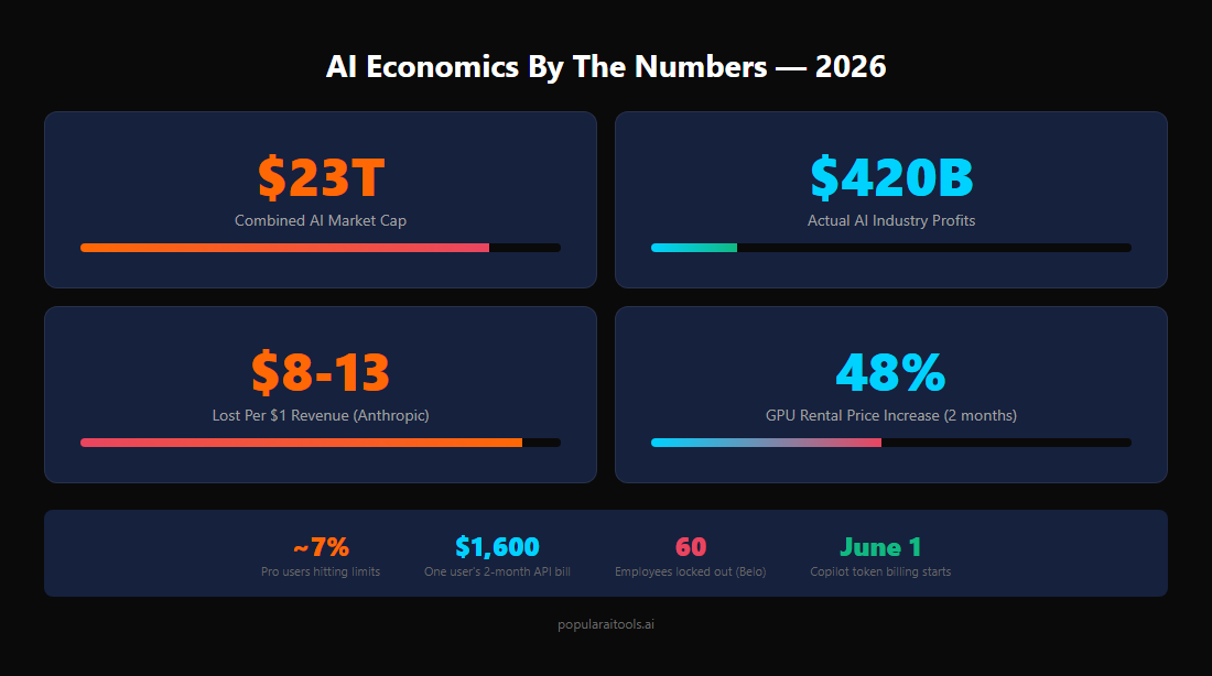 AI Economics By The Numbers 2026 - $23T market cap, $420B profits, $8-13 lost per $1 revenue, 48% GPU price increase