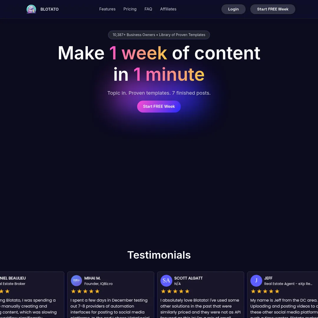 Blotato homepage showing the AI content engine