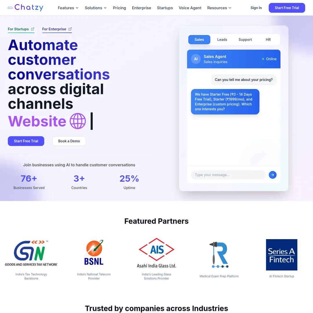 Chatzy AI homepage showing agentic AI platform