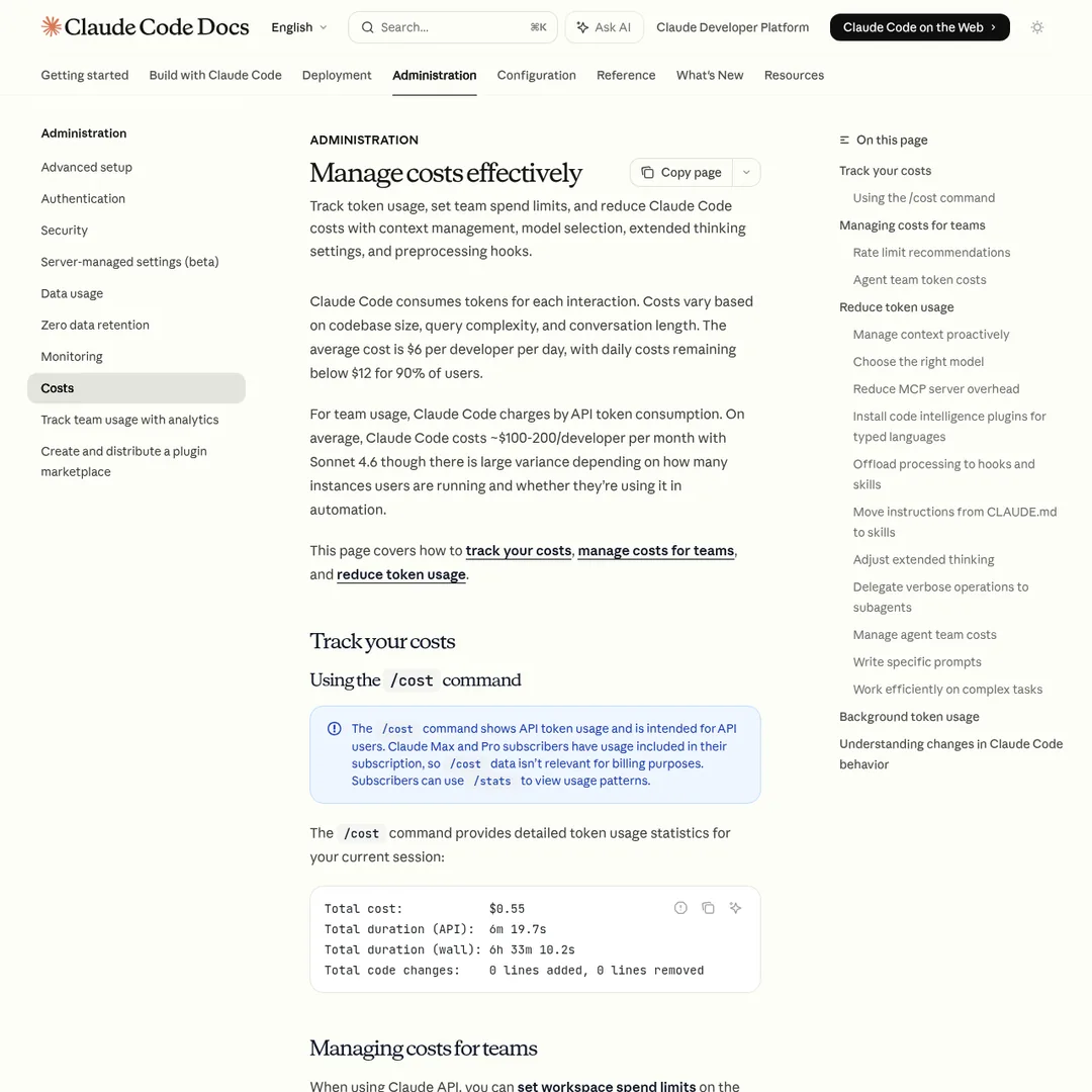 Claude Code official documentation page showing cost management and token tracking features