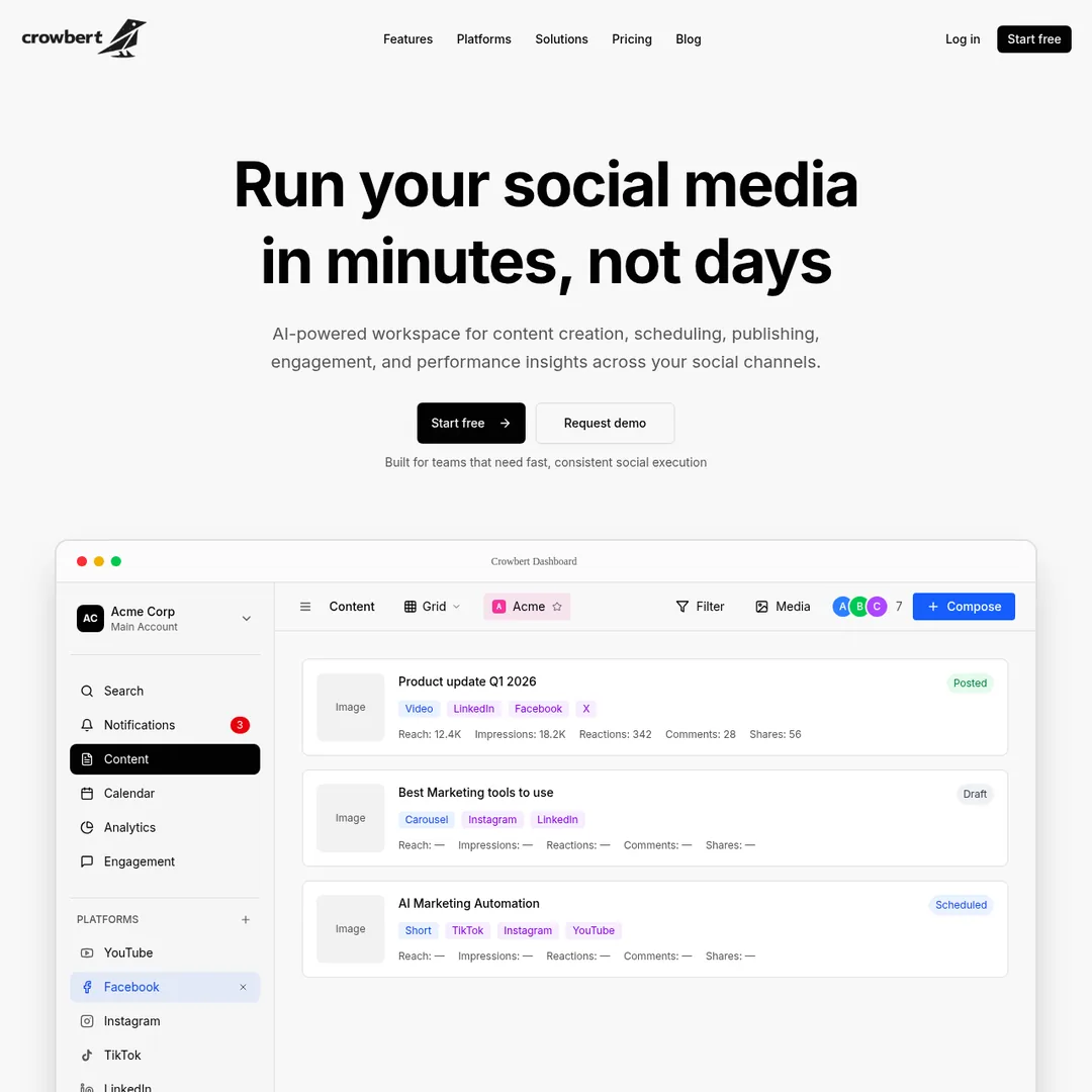 Crowbert homepage showing AI social media workspace