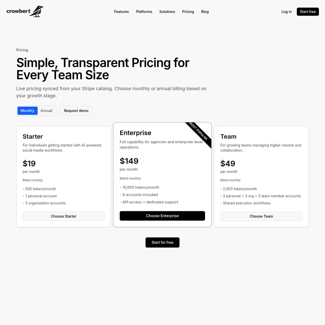 Crowbert pricing page screenshot