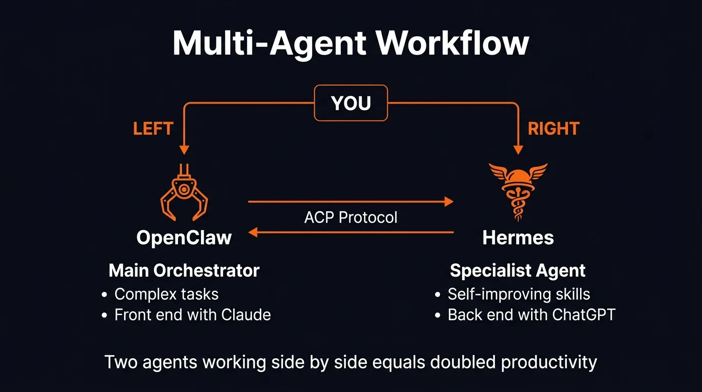 Multi-agent workflow diagram showing OpenClaw as orchestrator and Hermes as specialist connected via ACP