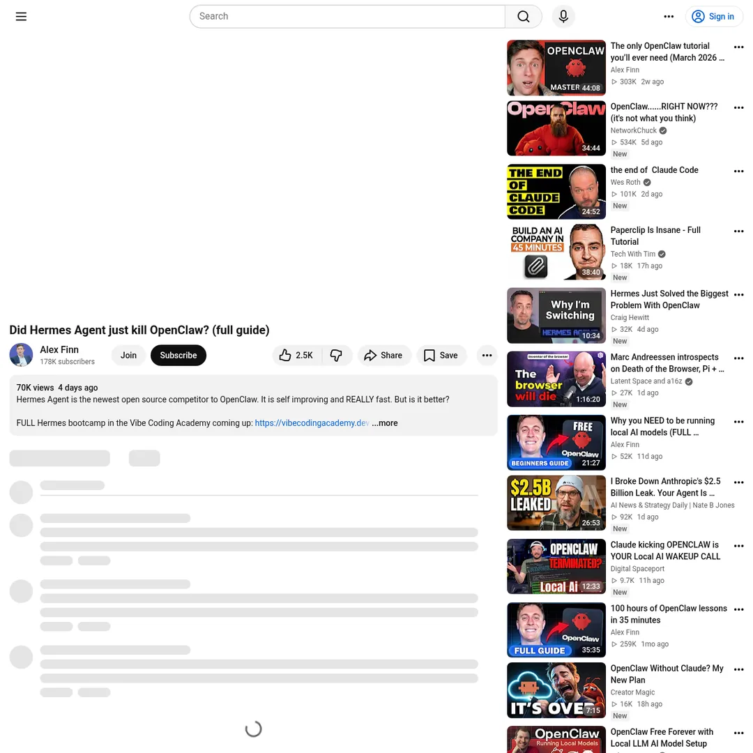 YouTube video about Hermes Agent vs OpenClaw comparison and multi-agent workflow