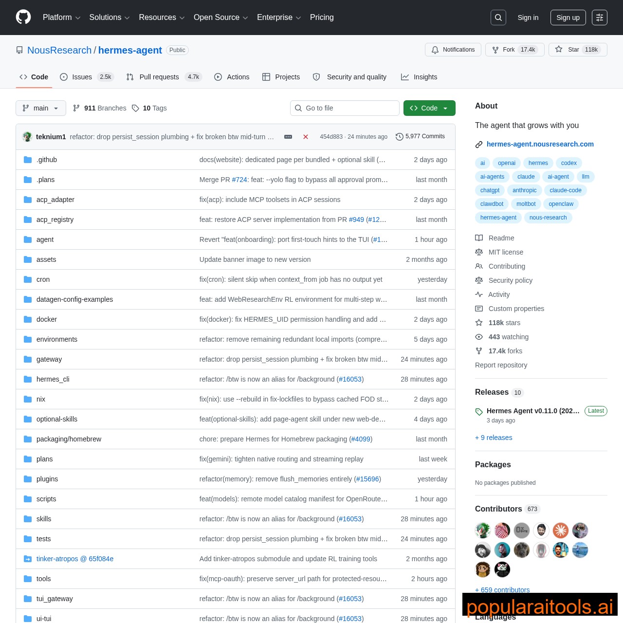 Hermes Agent GitHub repository — 118K+ stars, self-improving AI agent by Nous Research