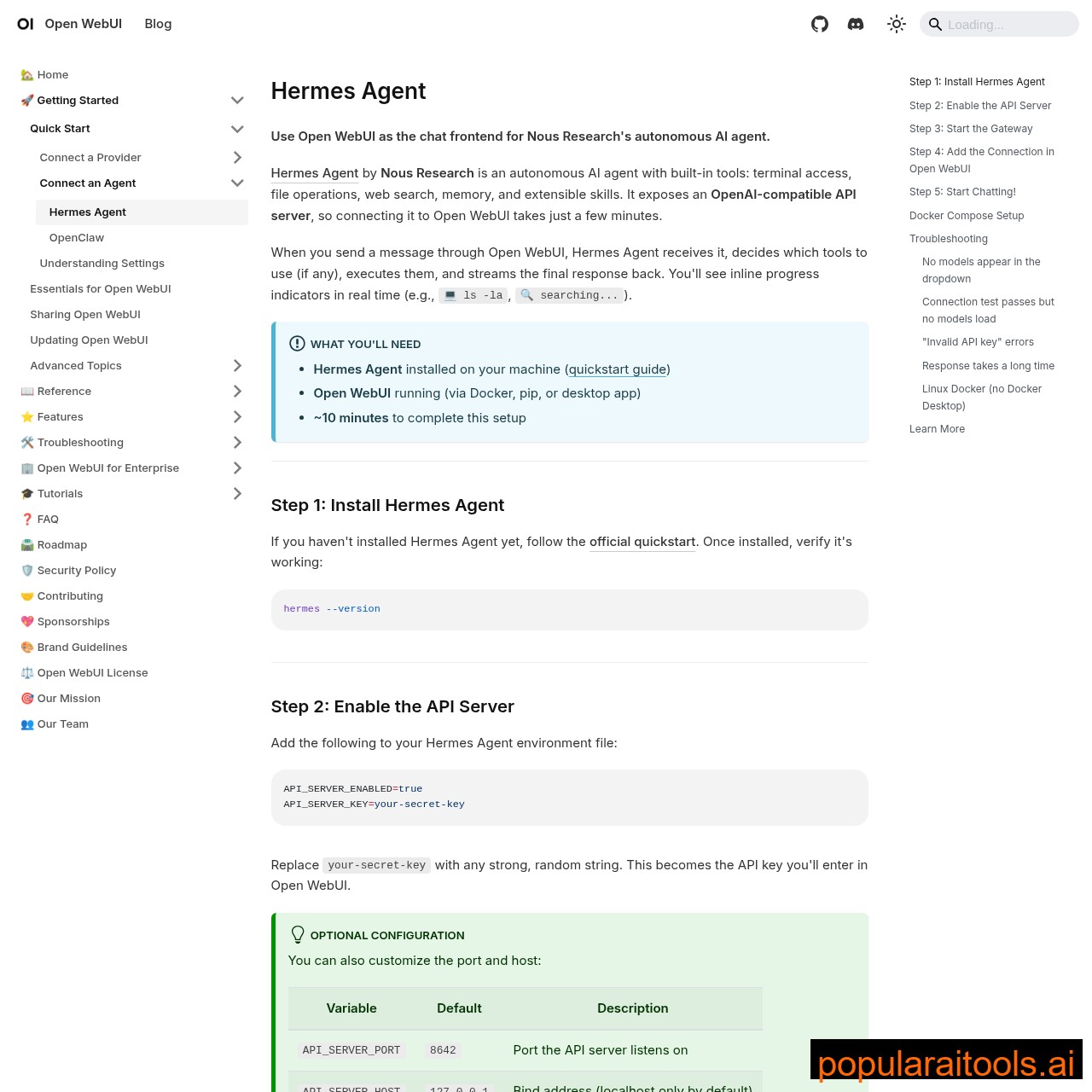 Open WebUI + Hermes Agent integration documentation — step-by-step API configuration
