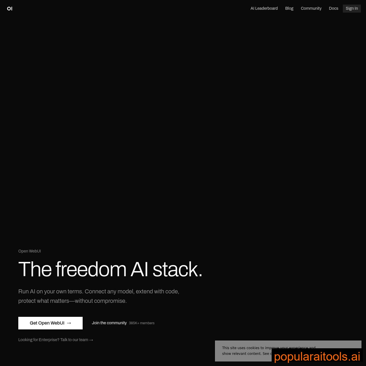 Open WebUI homepage — the freedom AI stack, self-hosted chat interface