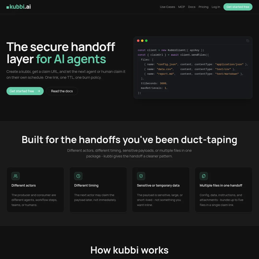 Kubbi homepage - The secure handoff layer for AI agents