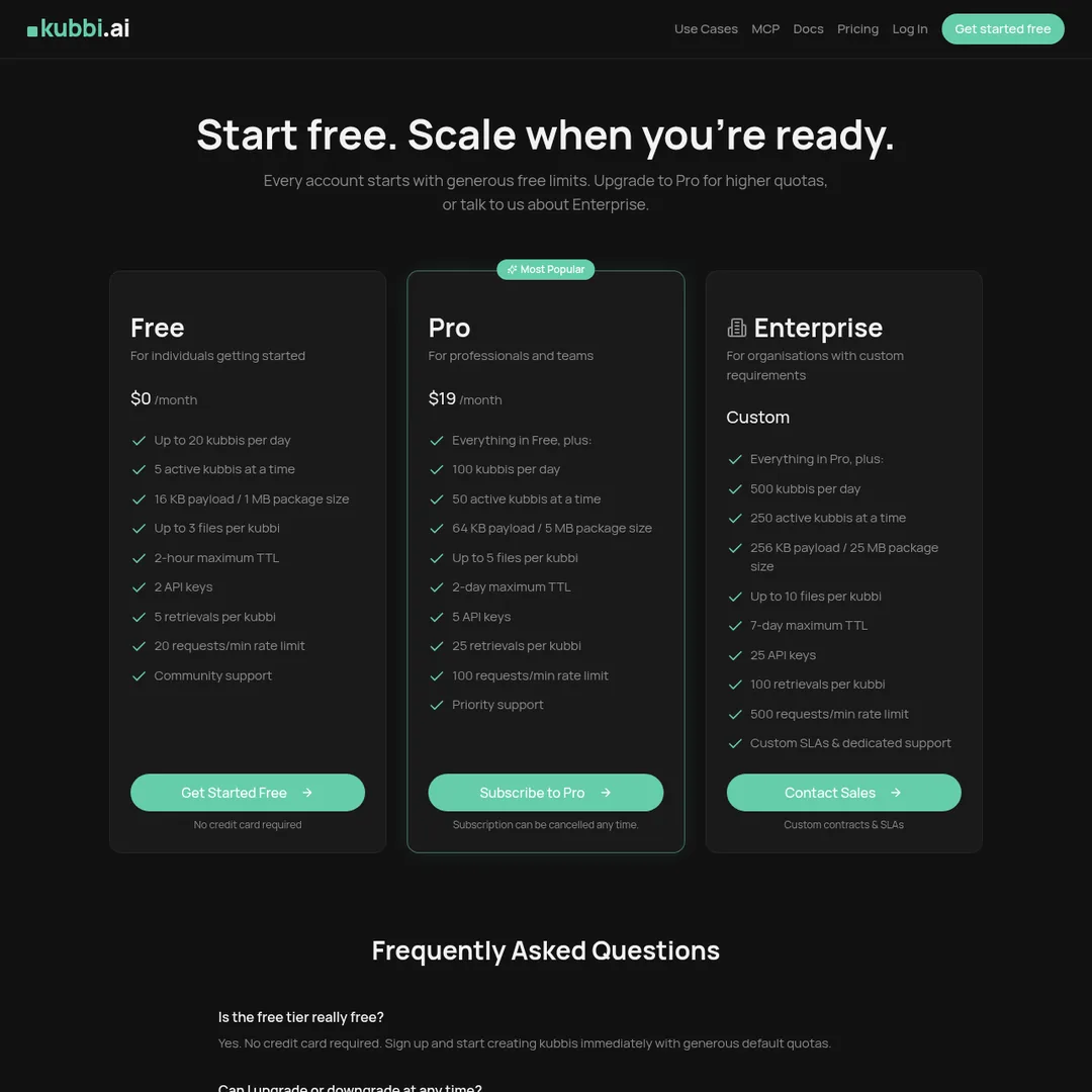 Kubbi pricing page screenshot
