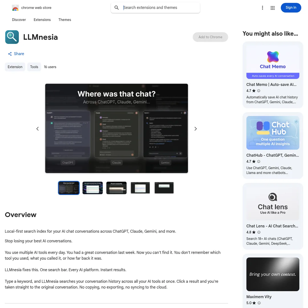 LLMnesia Chrome Web Store listing