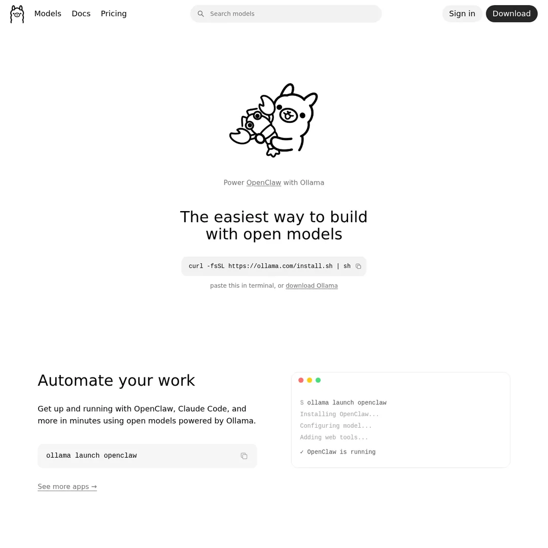 Ollama homepage showing download options for macOS Windows and Linux