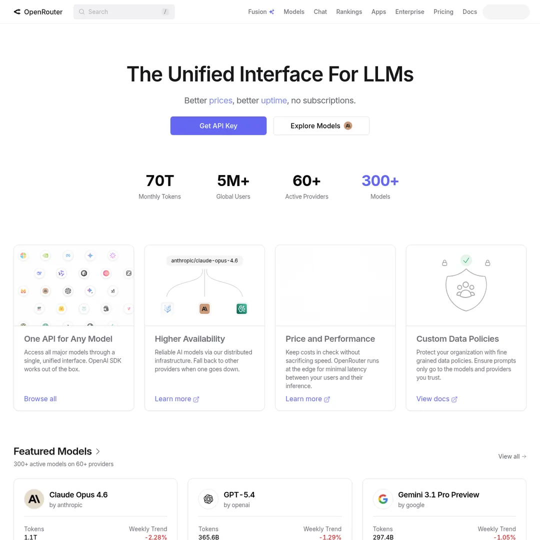 OpenRouter homepage showing AI model routing platform with free and paid model options