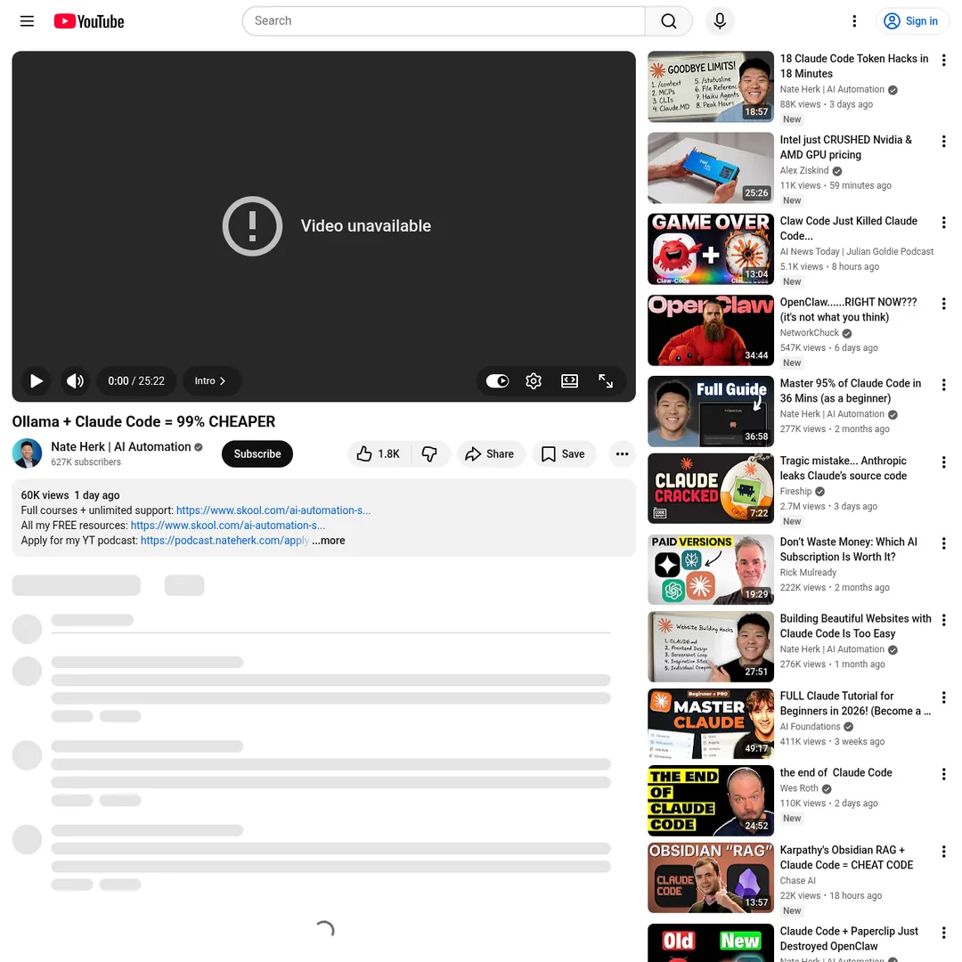 YouTube video by Nate Herk showing Ollama plus Claude Code equals 99 percent cheaper tutorial