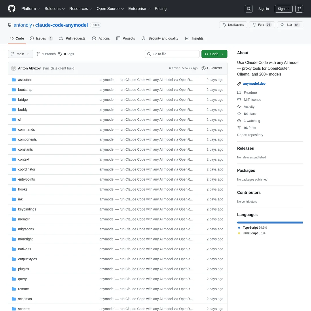 GitHub repository page for claude-code-anymodel showing Open Claude project with OpenRouter integration