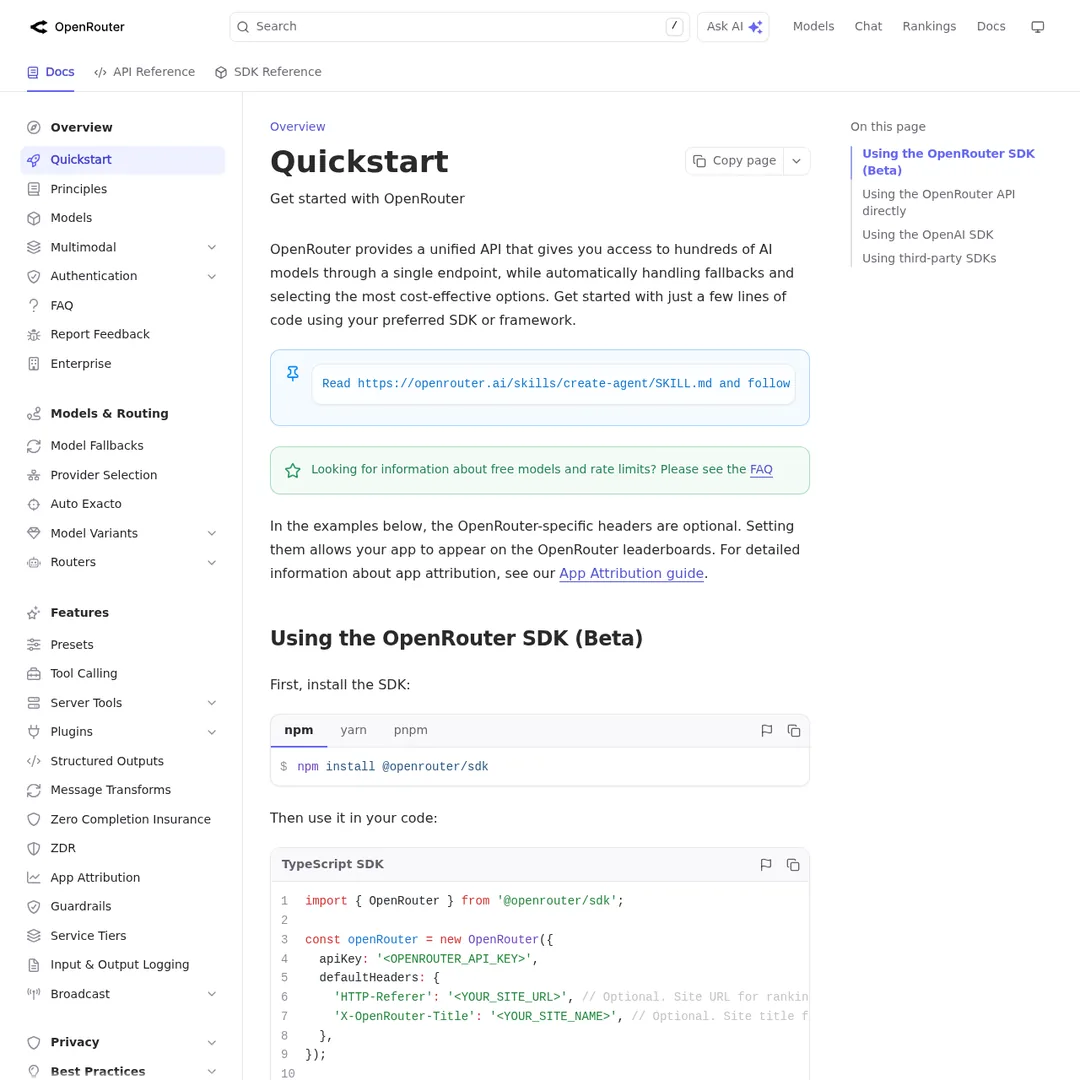 OpenRouter API documentation page showing integration guides and endpoints