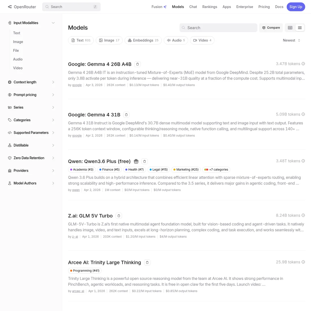 OpenRouter models page showing available AI models with pricing and capabilities