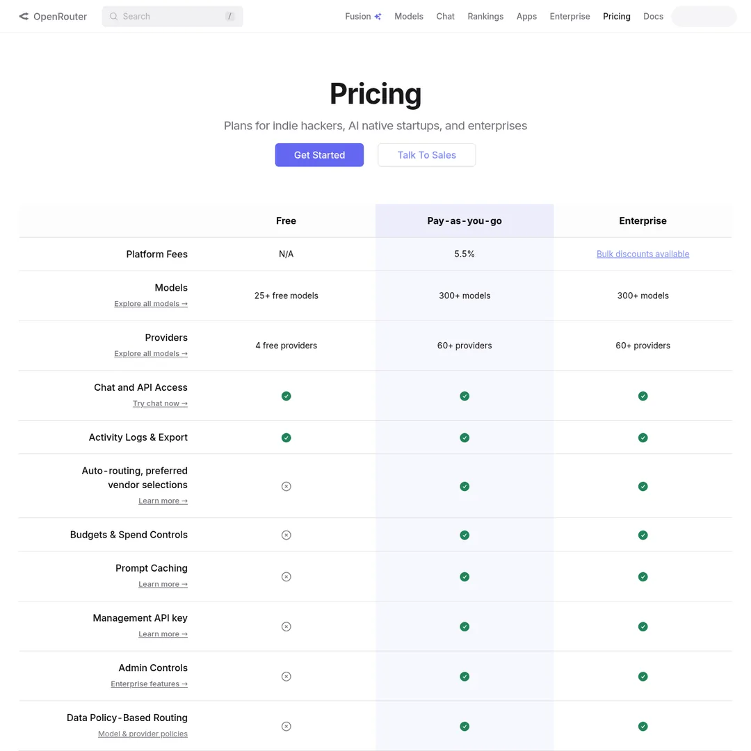 OpenRouter pricing page showing pay-as-you-go model with transparent per-token rates