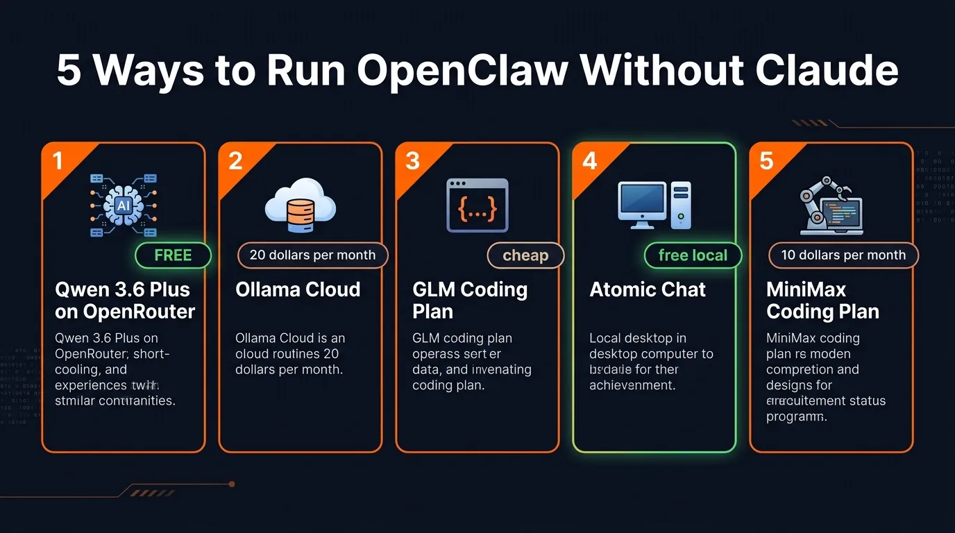 5 ways to run OpenClaw without Claude infographic showing all alternative model providers