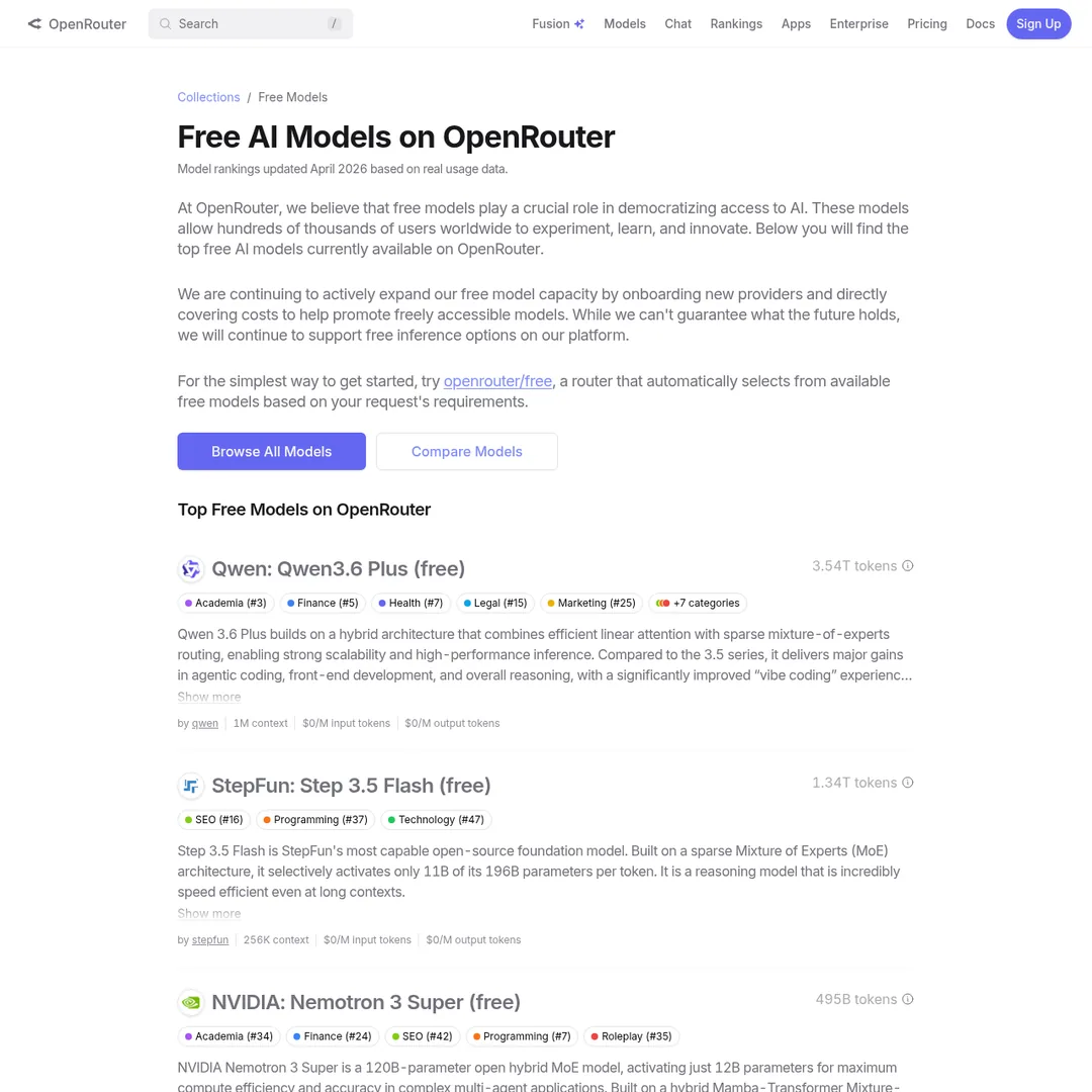 OpenRouter free models collection page showing available free AI models for coding