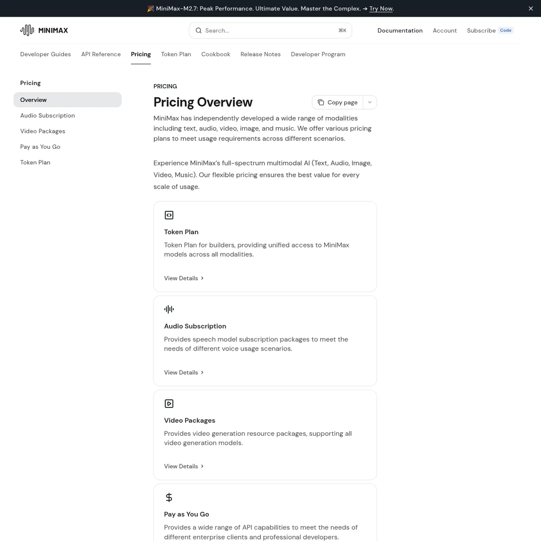 MiniMax pricing page showing coding plan options and features