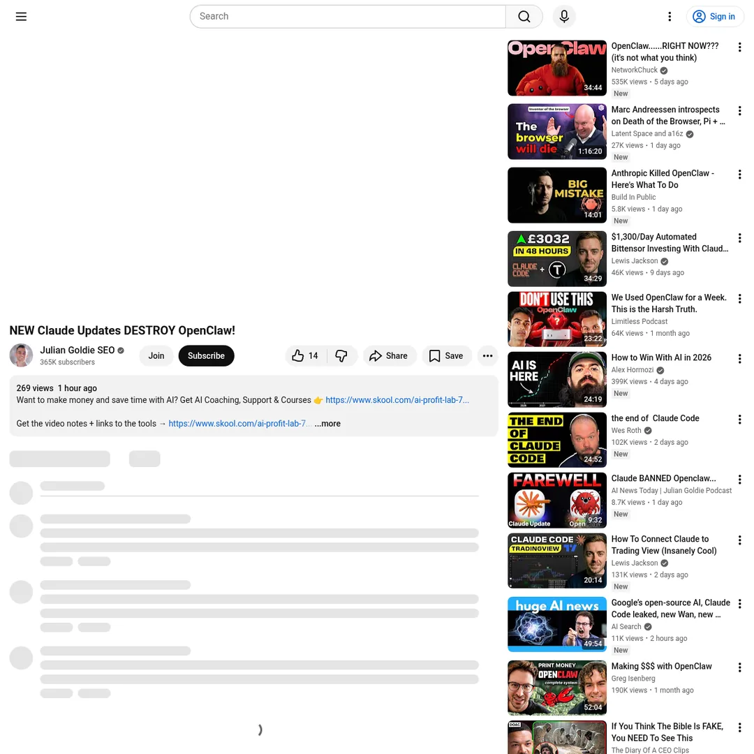 YouTube video about running OpenClaw without Claude subscription using free alternatives