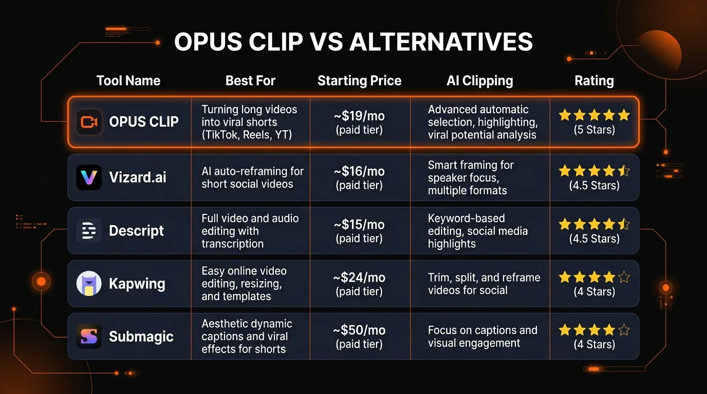 Opus Clip alternatives comparison - Vizard, Descript, Kapwing, Submagic