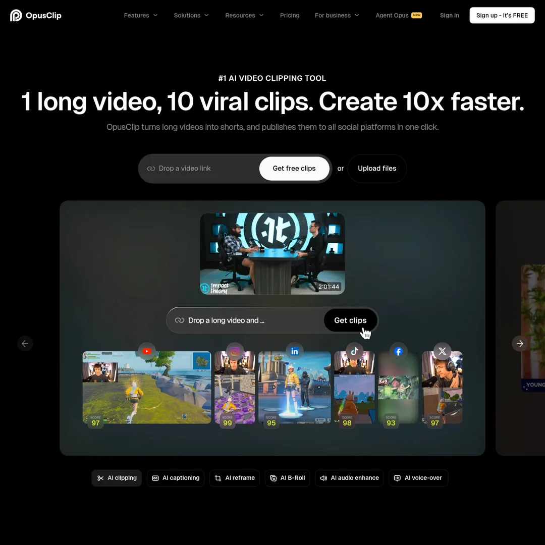 Opus Clip homepage showing AI video clipping features