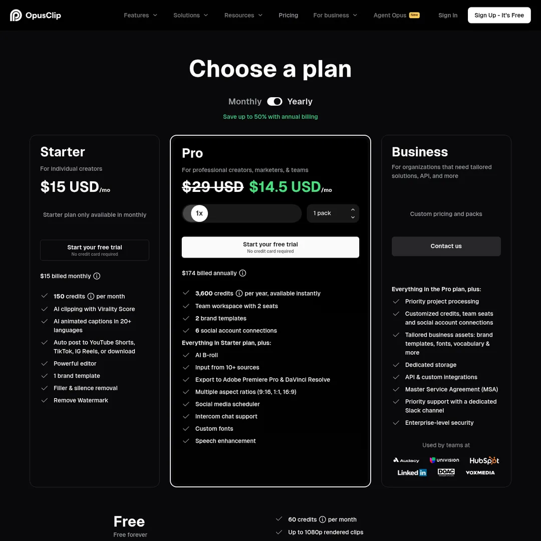 Opus Clip pricing page showing all plan tiers