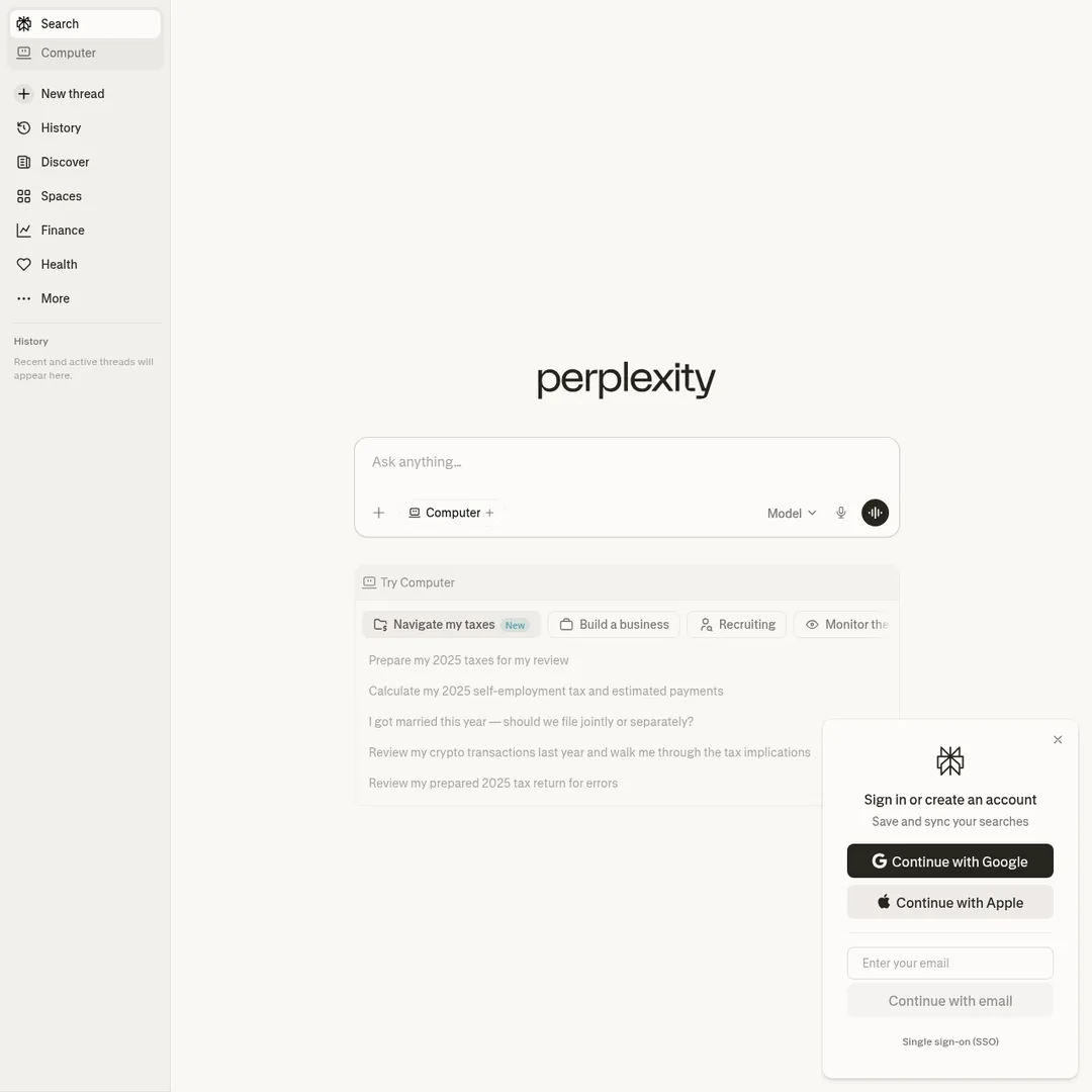 Perplexity AI homepage showing the Computer feature button