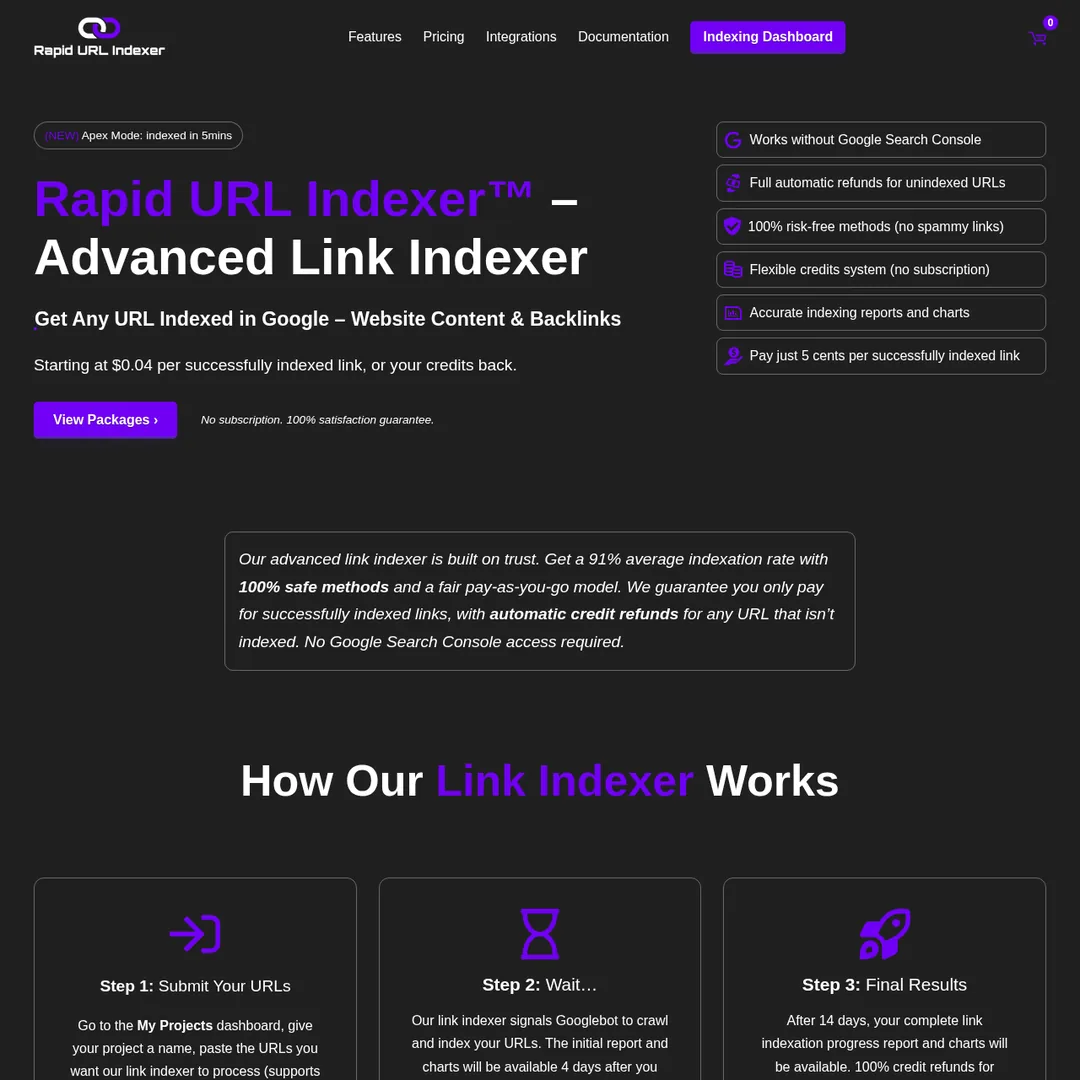 Rapid URL Indexer homepage - auto-submit new pages for indexing