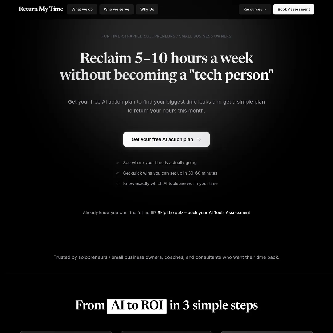 ReturnMyTime.com homepage - the site used for the live SEO audit