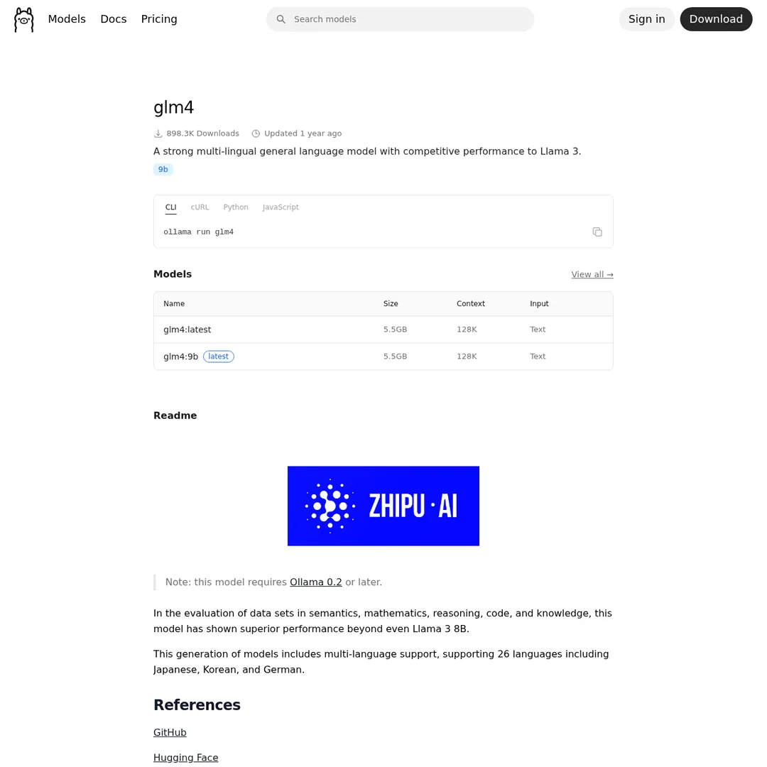 GLM 4.7 Flash model page on Ollama showing powerful local AI model for coding