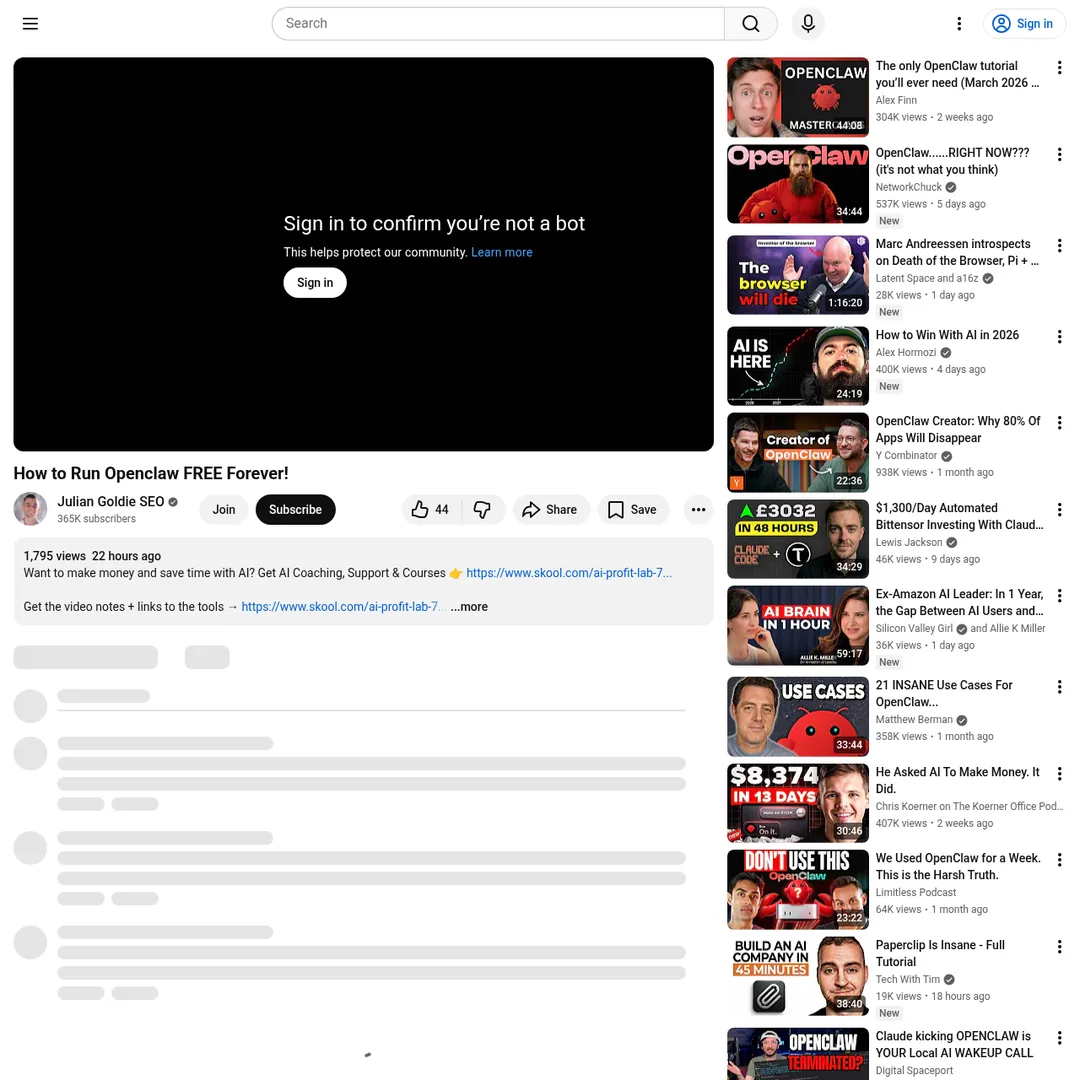 YouTube video tutorial on how to run OpenClaw free forever with local and free models