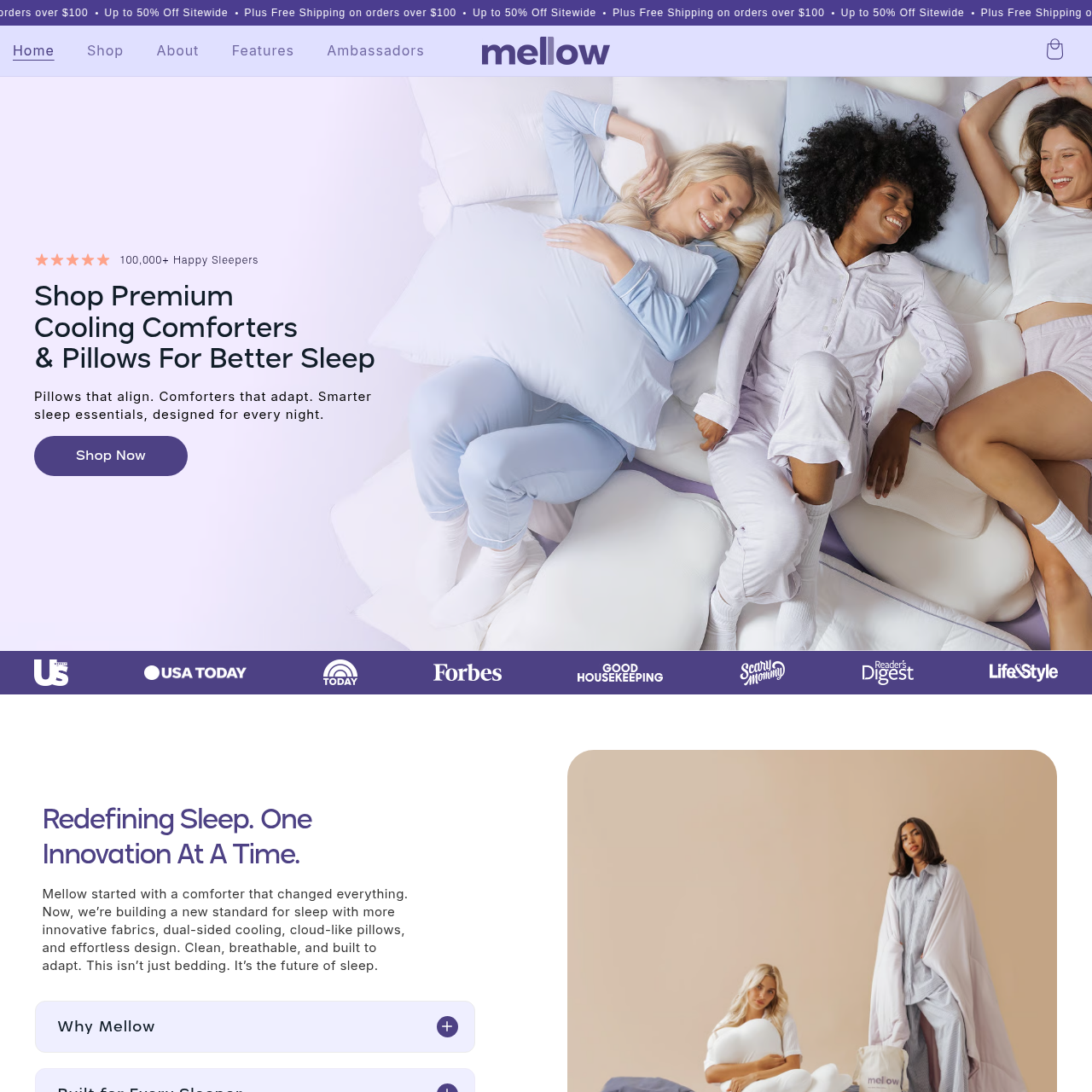Mellow Sleep Shopify store — $3.1M in January, Cloud Align Pillow product page
