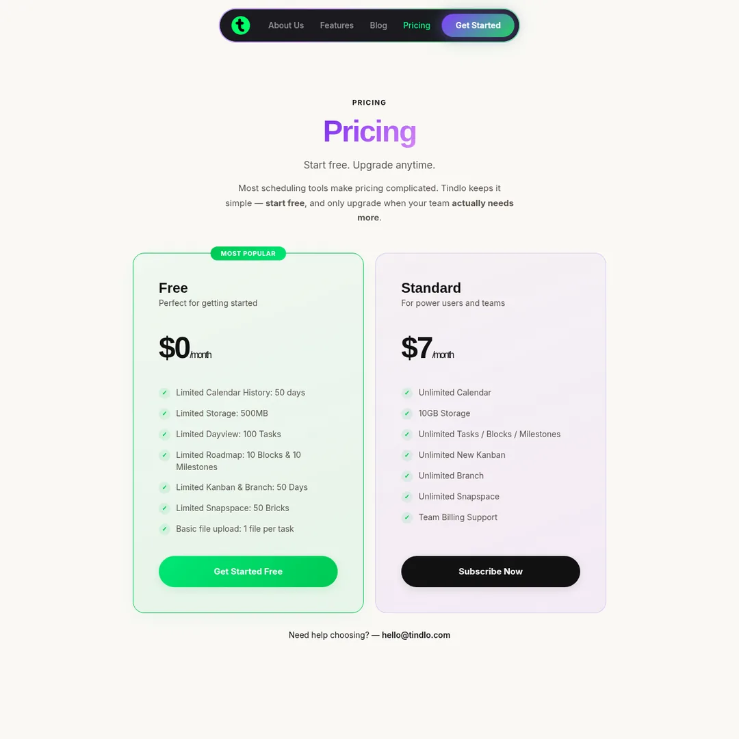 Tindlo pricing page screenshot