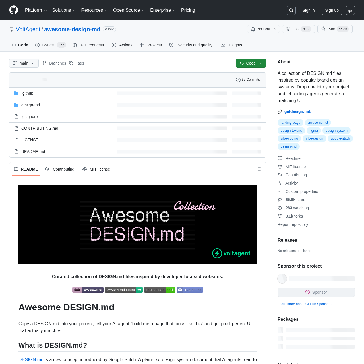 Awesome Design MD GitHub repository — 68 brand design systems for AI development