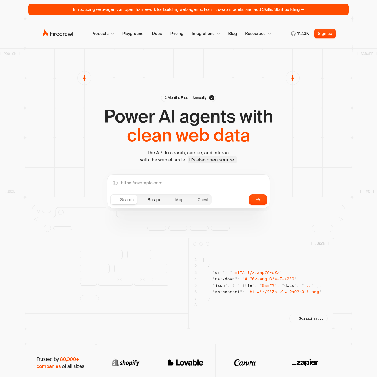 Firecrawl homepage — AI web scraping tool that converts websites to clean data