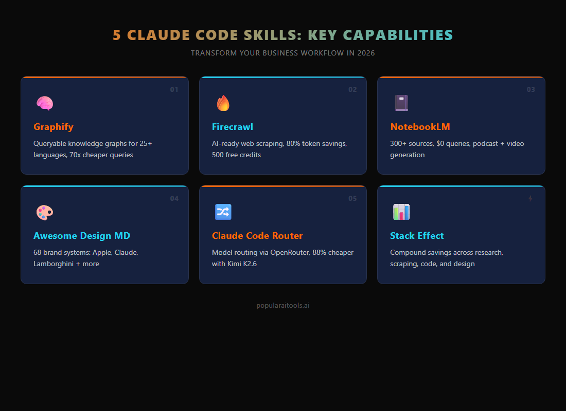 Claude Code skills feature breakdown — Graphify, Firecrawl, NotebookLM, Design MD, Router capabilities
