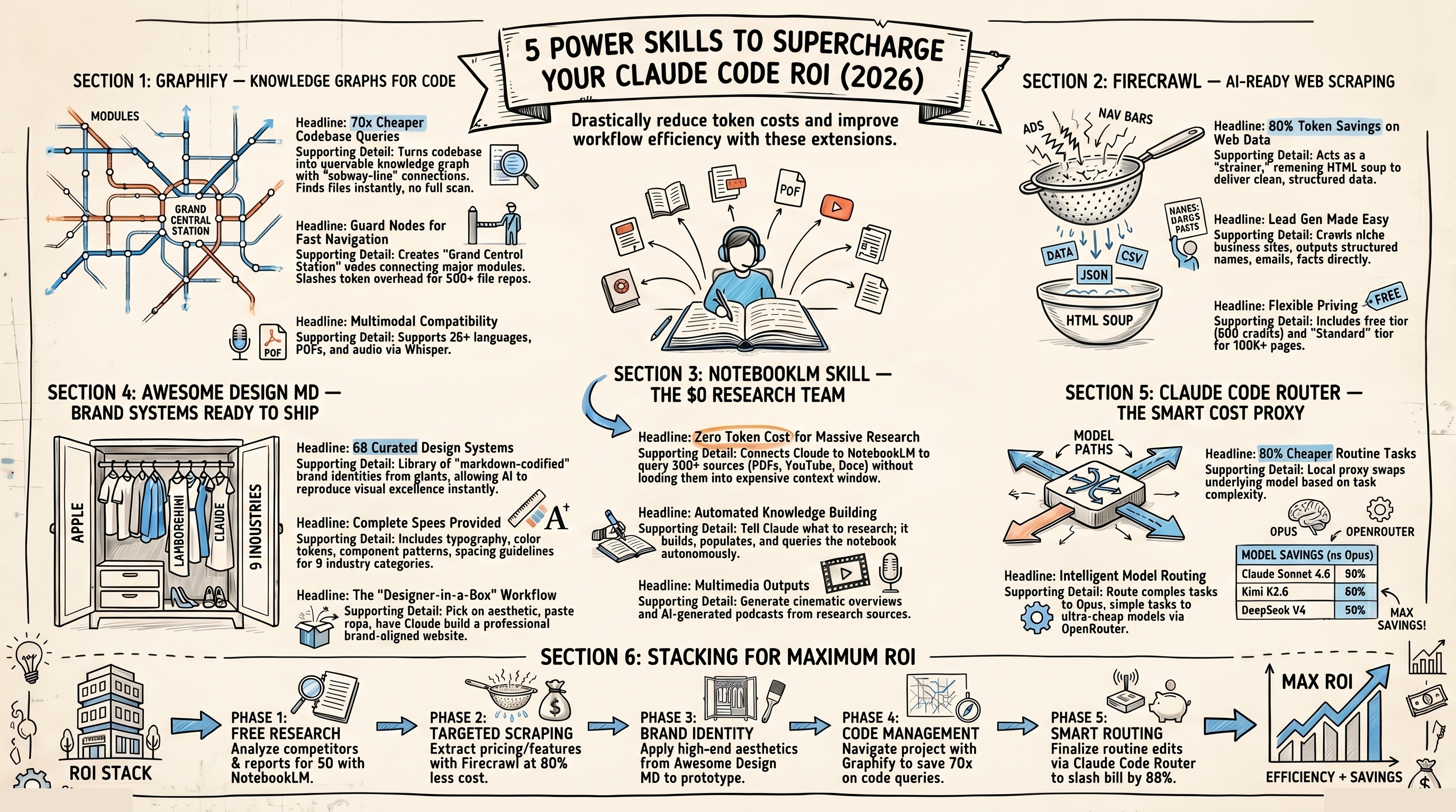 NotebookLM infographic — visual overview of 5 Claude Code skills and their cost savings