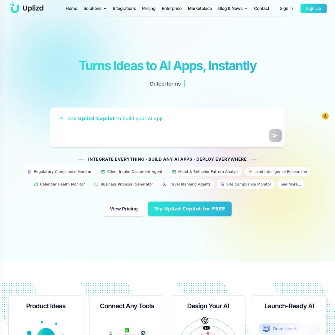 Uplizd homepage showing AI workflow platform