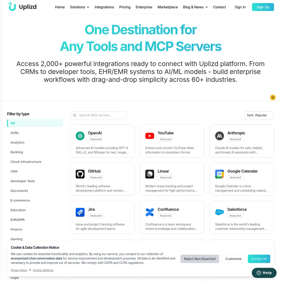 Uplizd integrations page showing connected tools