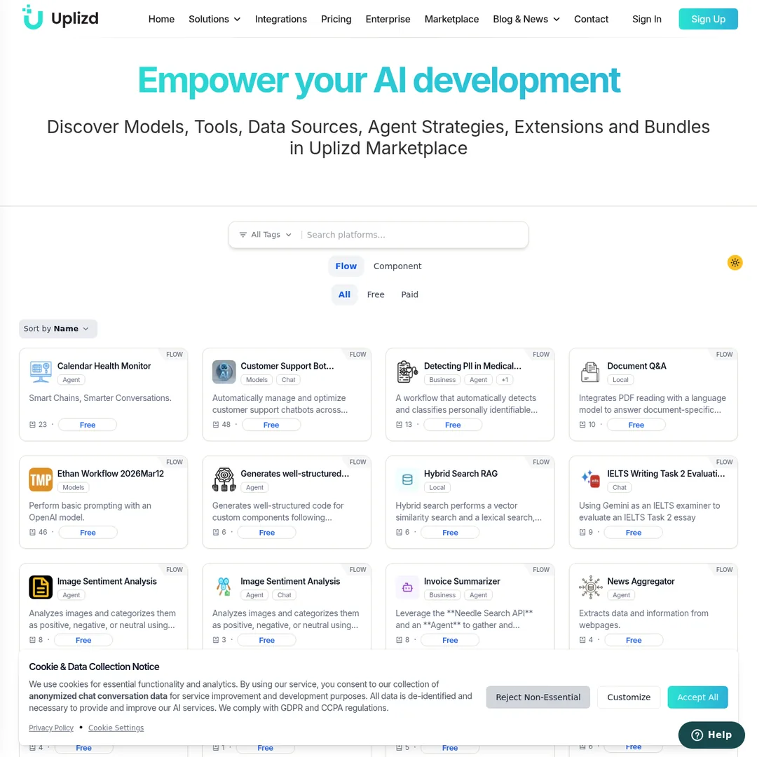 Uplizd marketplace showing available templates